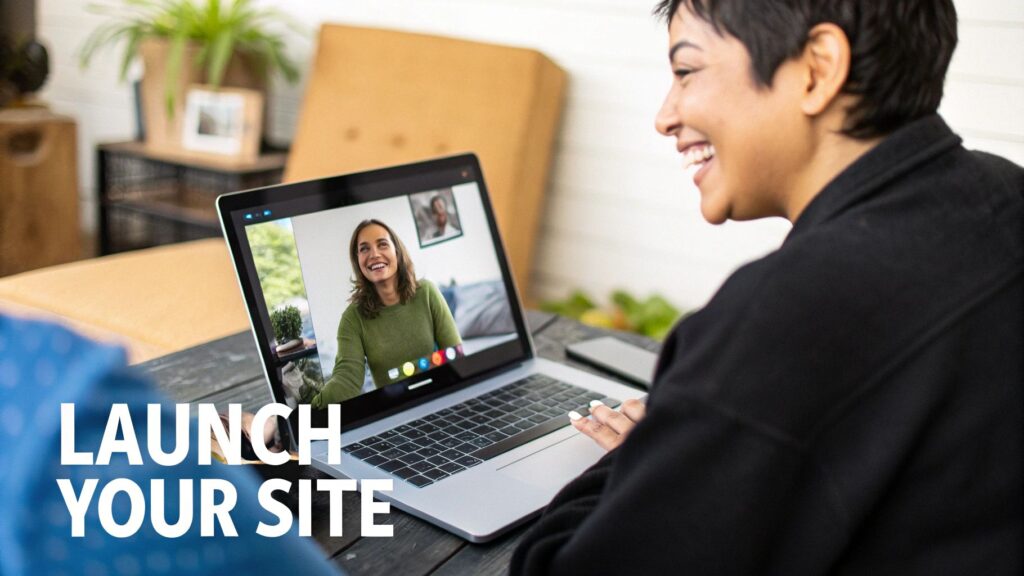 A woman laughs while on a video call on her laptop, with another woman smiling on screen.