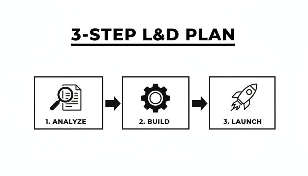 Visual of a 3-step learning and development plan: analyze, build, and launch.