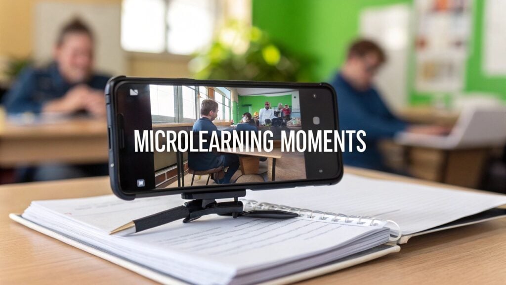 A smartphone on a tripod records a classroom microlearning session with students present.
