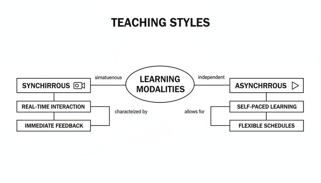 Diagram illustrating synchronous and asynchronous learning modalities with their key characteristics and benefits.