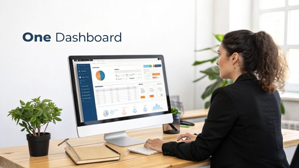 A businesswoman analyzes data on a computer dashboard in a bright, modern office.