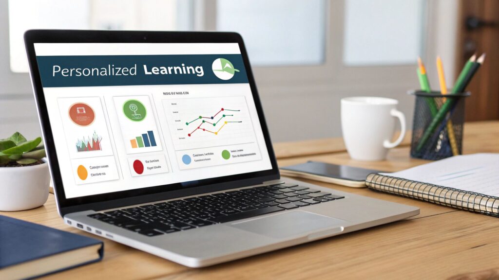 Laptop on a wooden desk displaying a personalized learning dashboard with charts and graphs.