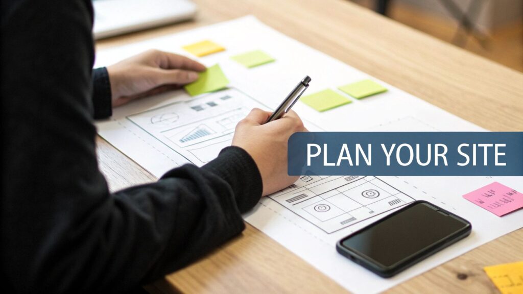Person planning a website design with wireframes, sticky notes, and a pen on a desk.