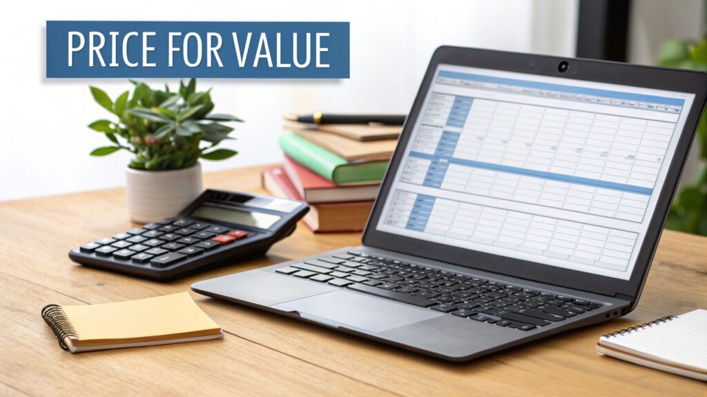 A desk with a laptop showing a spreadsheet, calculator, and books, emphasizing 'PRICE FOR VALUE'.
