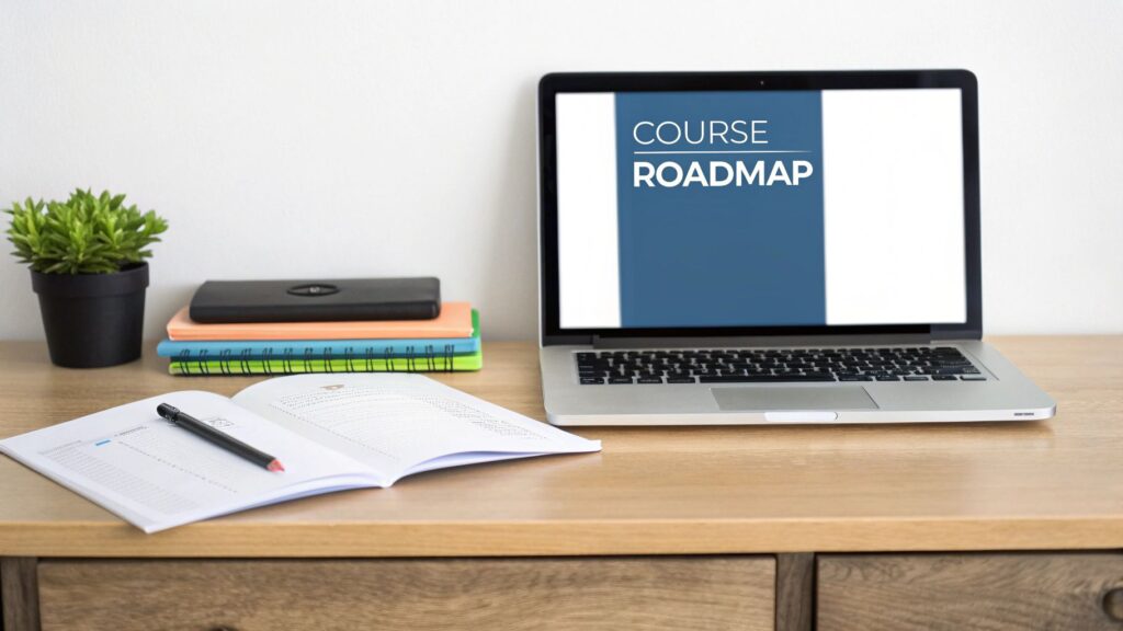 A wooden desk with a laptop showing 'COURSE ROADMAP', a plant, notebooks, and an open book.