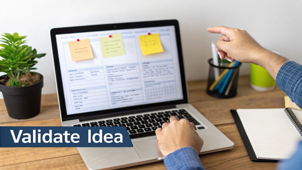 Person pointing at a laptop screen with sticky notes on a wooden desk, validating an idea.