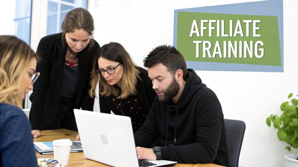 Four professionals collaborate and learn about "AFFILIATE TRAINING" on a laptop in an office setting.