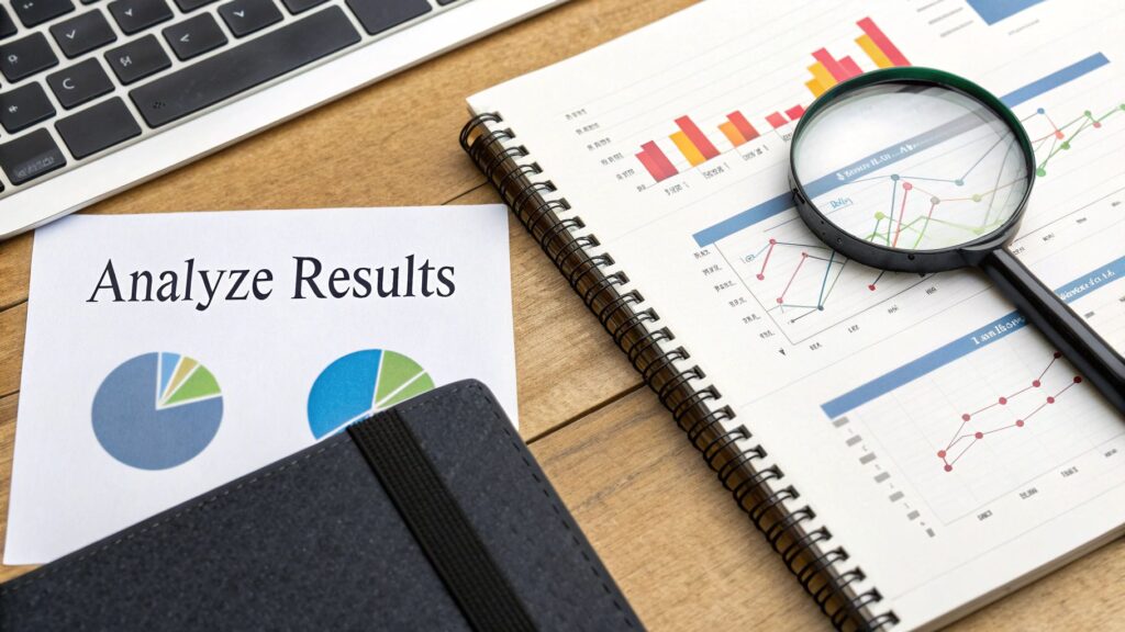 Workspace flat lay with laptop, graphs in a notebook, magnifying glass, and 'Analyze Results' document.