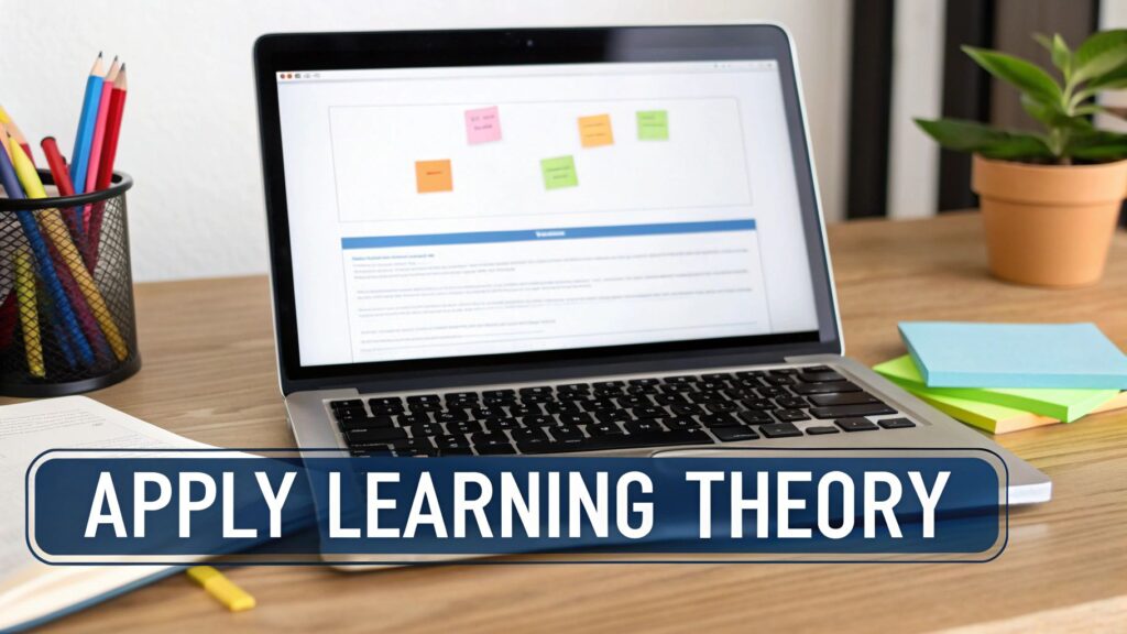 Laptop on a desk displaying concepts, colorful stationery, and a plant, with 'APPLY LEARNING THEORY' text.