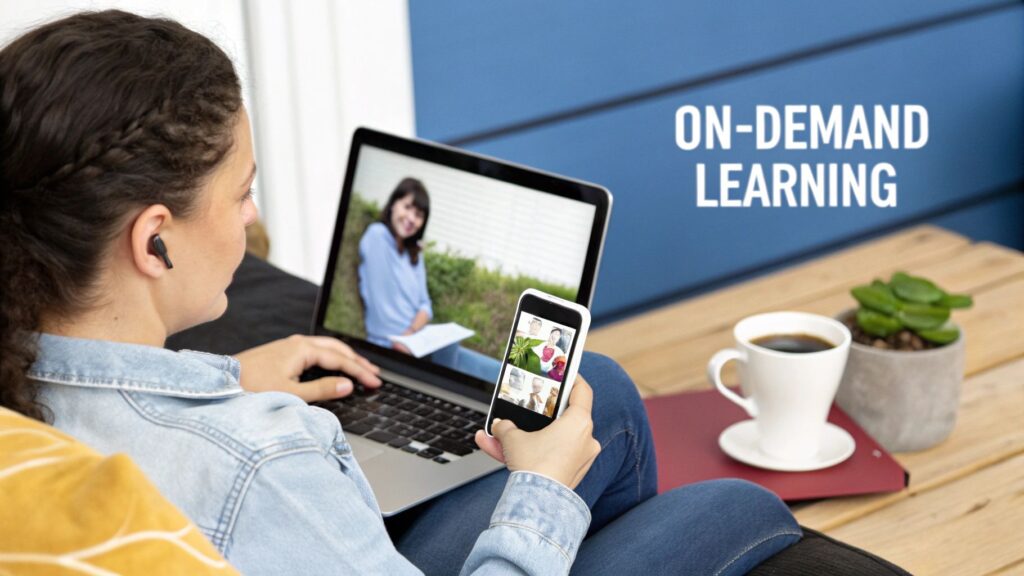Person watching an online course on a laptop and phone, representing on-demand learning from home.
