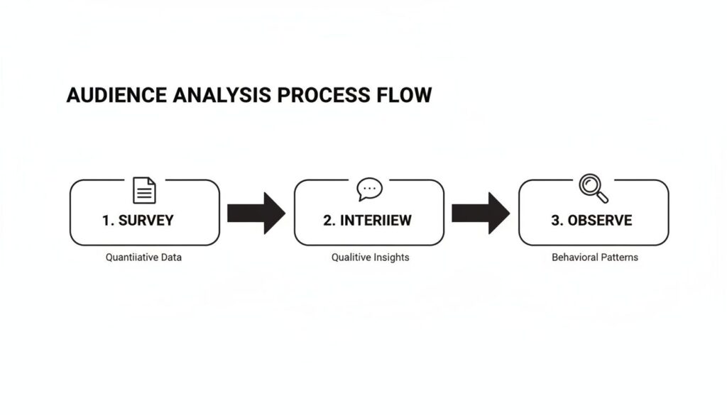 Audience analysis process flow with three steps: survey, interview, and observe, collecting different data types.