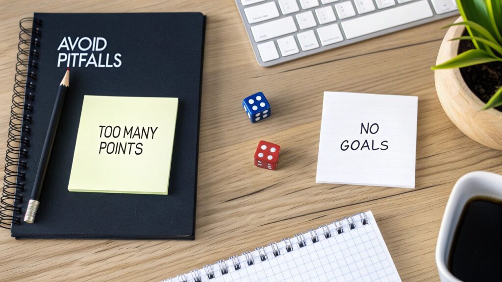 Desk with 'AVOID PITFALLS' notebook, 'TOO MANY POINTS' and 'NO GOALS' sticky notes, dice, and a keyboard.