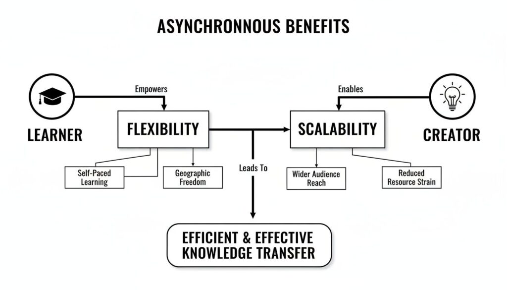 Diagram illustrating how asynchronous benefits lead to efficient knowledge transfer for learners and creators.