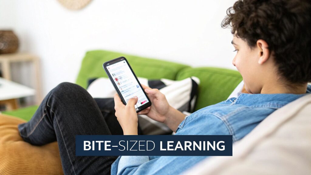 A young person relaxes on a couch, engaging with content on their smartphone, representing mobile learning.