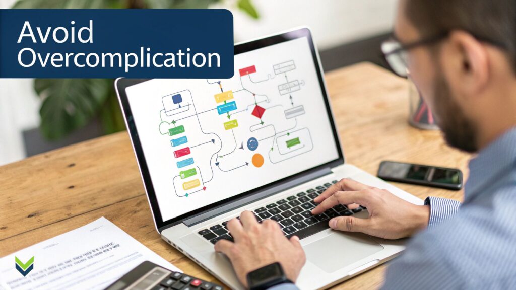 A person works on a laptop displaying a complex flowchart, with text 'Avoid Overcomplication'.