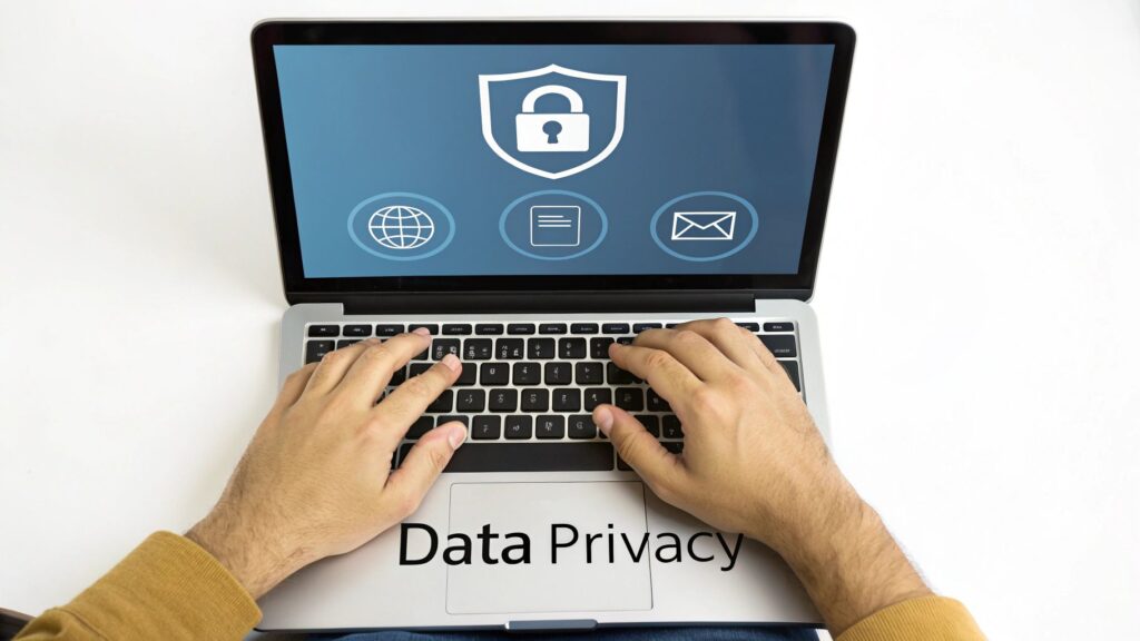 Hands typing on a laptop with a screen displaying data privacy icons and 'Data Privacy' text.