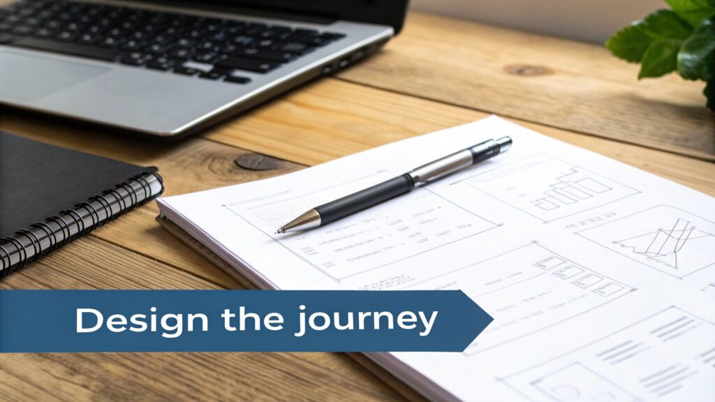 A desk with a laptop, notebook, and a pen on papers with design sketches. A banner reads "Design the journey."