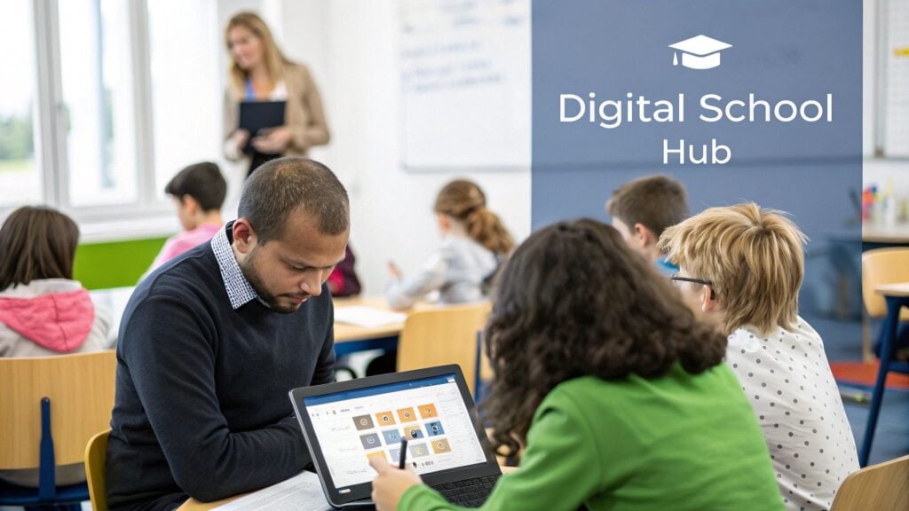 Diverse students and teacher in a modern classroom, two engaging with a laptop displaying educational icons.