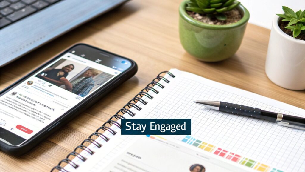 A desk setup with a smartphone displaying social media, a laptop, a notebook, a pen, and two potted plants, with 'Stay Engaged' text overlay.