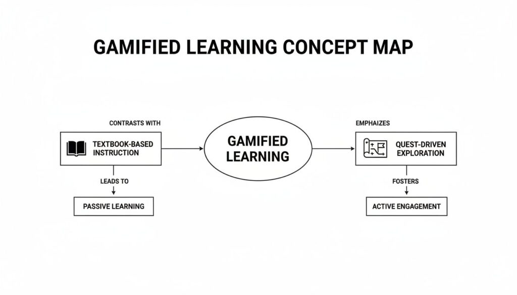 A concept map illustrating gamified learning, contrasting it with textbook instruction and emphasizing quest-driven exploration leading to active engagement.