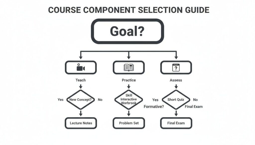 Flowchart guiding course component selection based on goals like teaching, practicing, and assessing.
