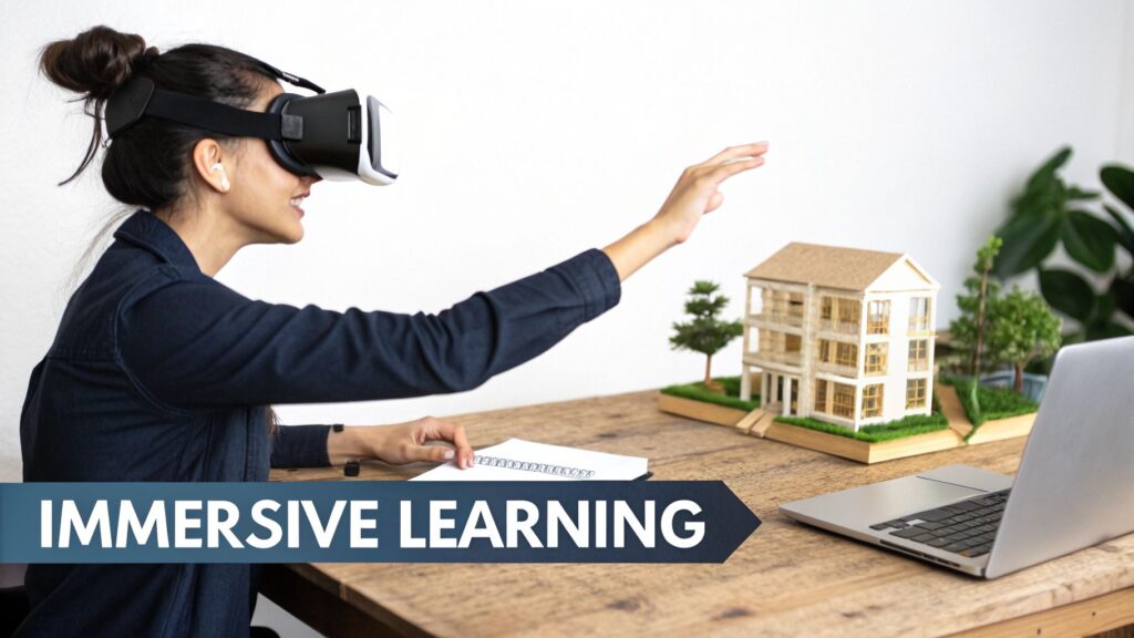 Woman in VR headset interacting with virtual content, a house model, laptop, and notebook on a wooden desk.