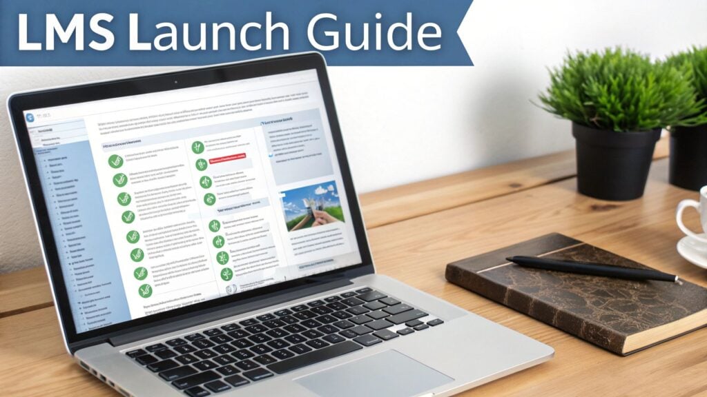 Laptop on a wooden desk displaying an 'LMS Launch Guide' with plants, a notebook, and a coffee cup.