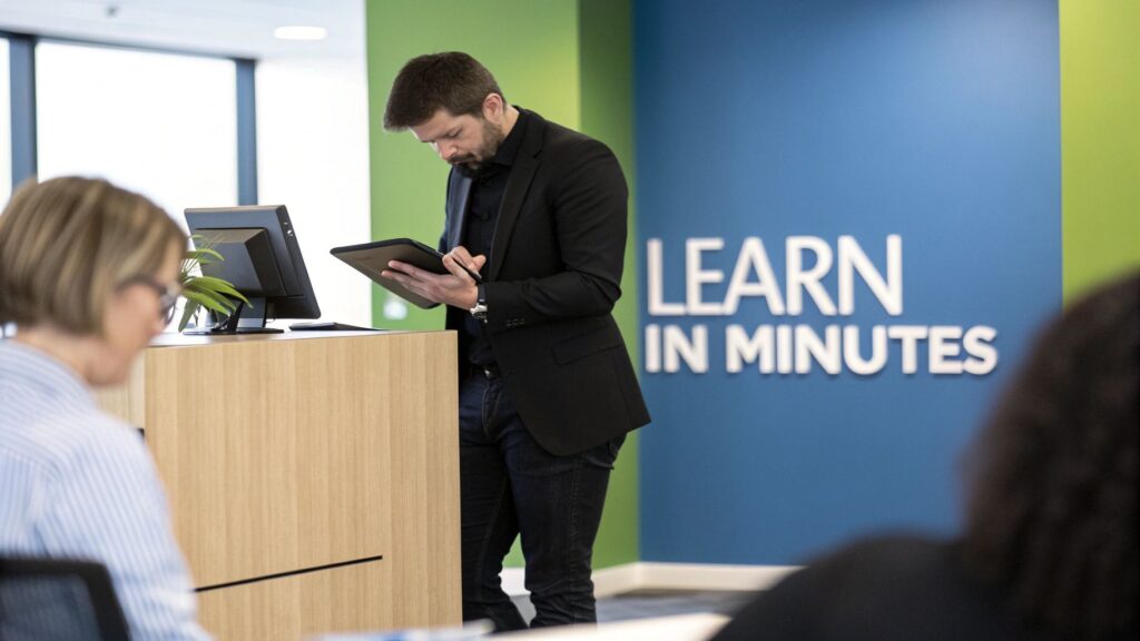 A man in a suit uses a tablet at a wooden podium, with 'LEARN IN MINUTES' on a blue wall.