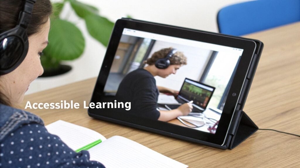 A student wearing headphones watches a tablet displaying another student learning, promoting accessible education.