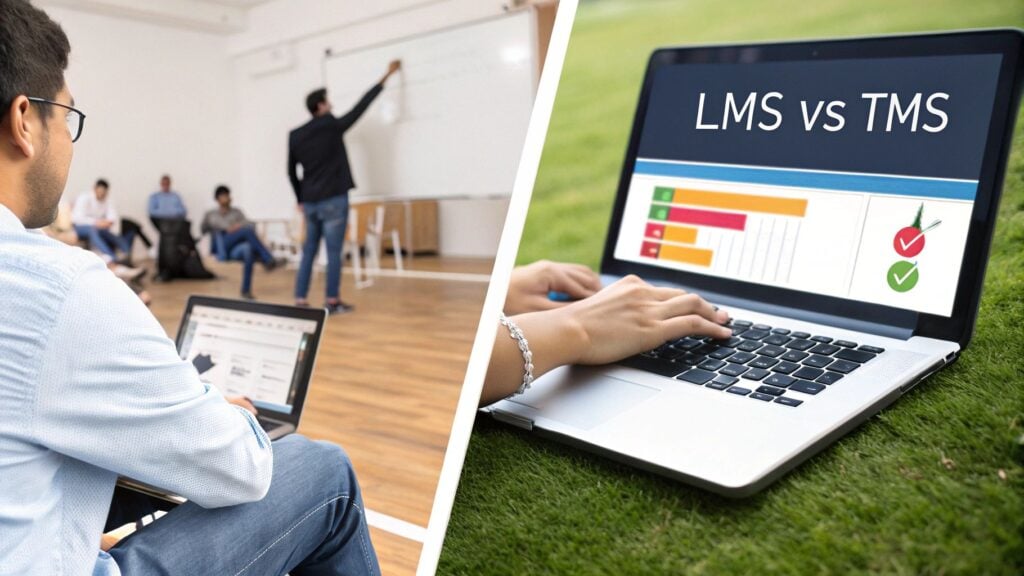 Comparing LMS vs TMS with a classroom training scene and a laptop displaying comparison data.