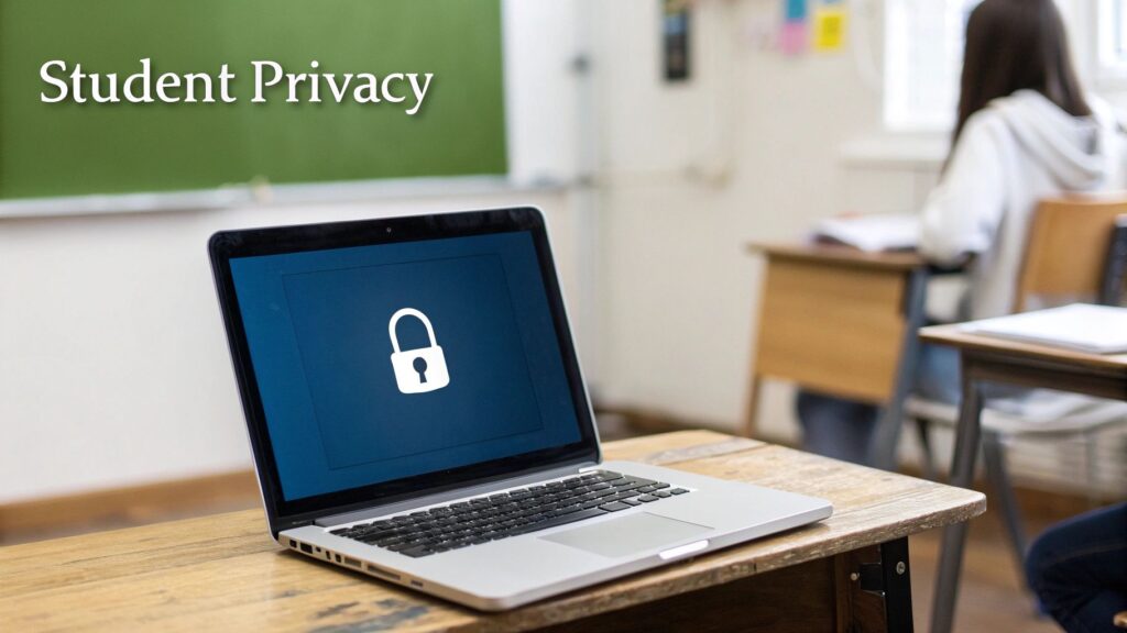 Laptop with a padlock icon on a desk in a classroom, with 'Student Privacy' on the chalkboard.