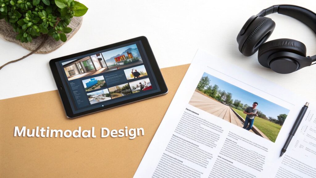 A flat lay of a tablet displaying multimedia, headphones, a document, and a plant, emphasizing multimodal design.