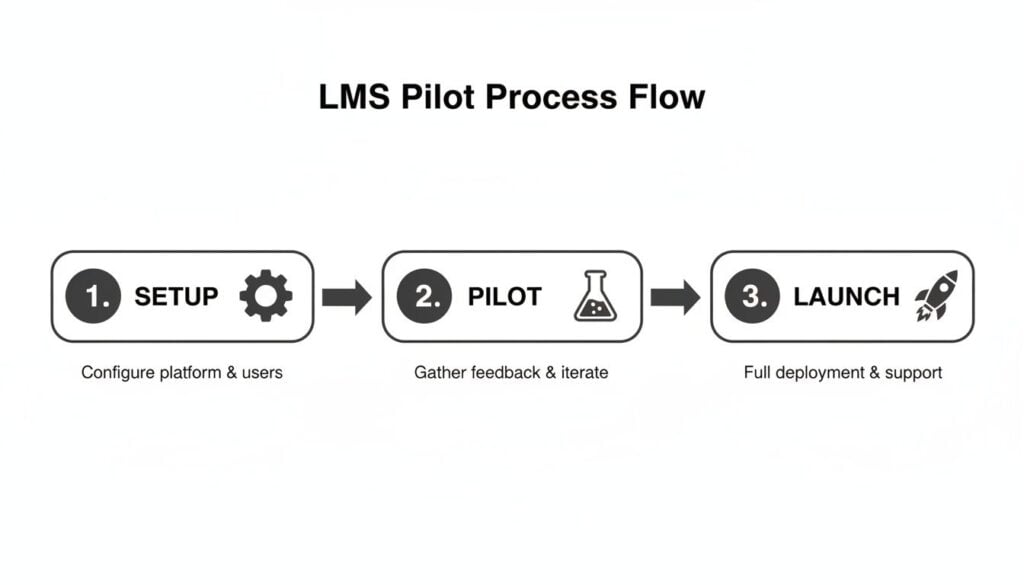 LMS Pilot Process Flow diagram showing three steps: Setup, Pilot, and Launch with icons.