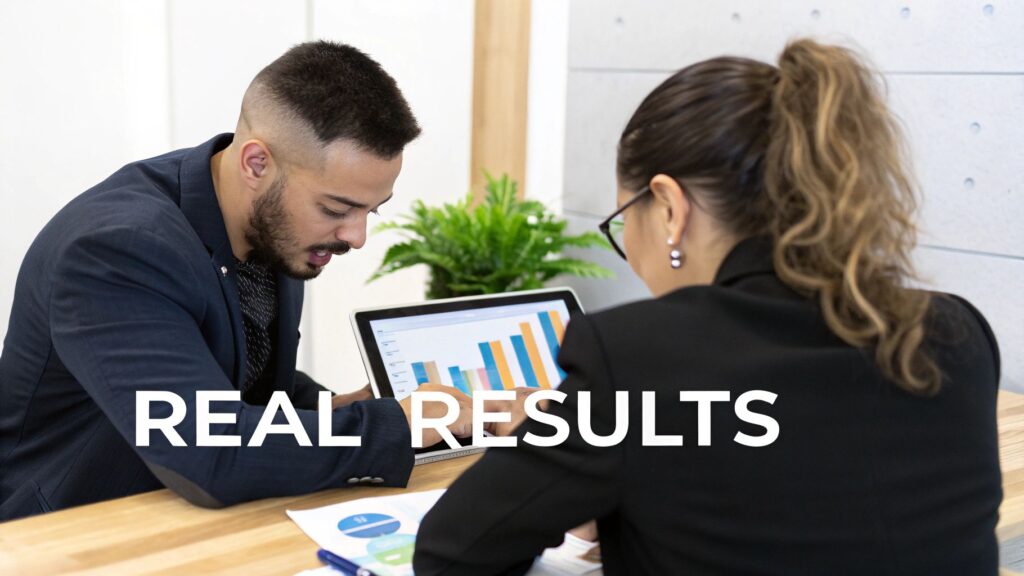 Two business professionals analyzing a bar chart on a laptop, discussing data and real results in an office.