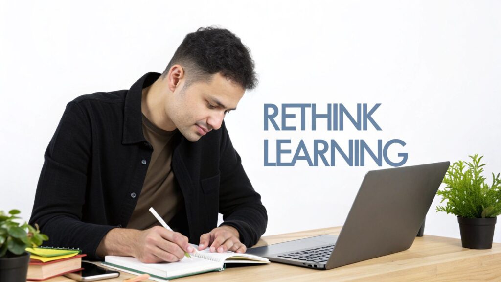 A focused man writing in a notebook at a desk with a laptop and plants.