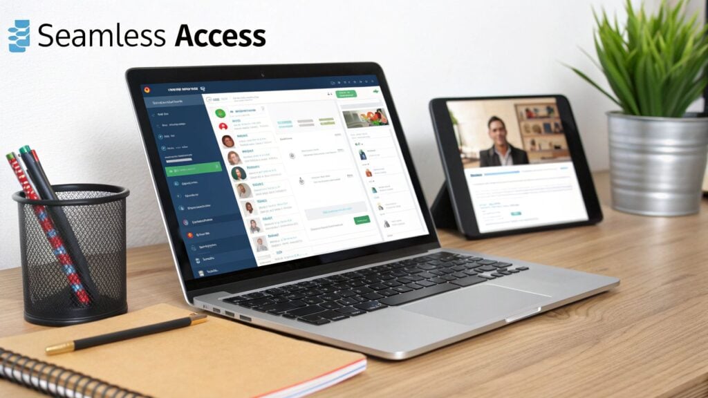 A modern workspace with a laptop and tablet showcasing a seamless access platform, alongside office supplies.