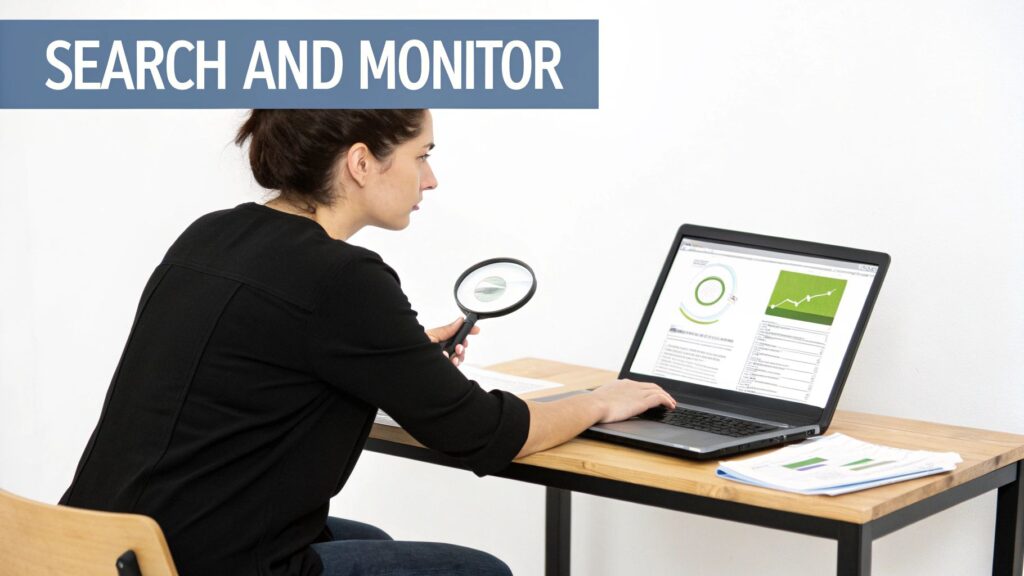 A woman uses a magnifying glass to search and monitor data, analyzing charts on her laptop.