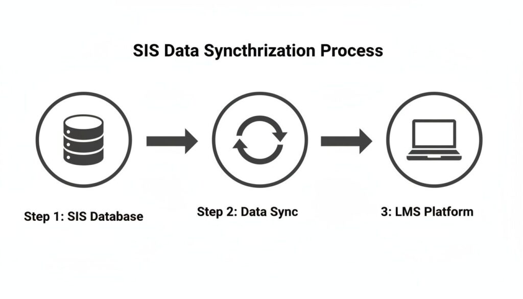 A diagram illustrates the SIS data synchronization process, flowing from SIS database to an LMS platform.