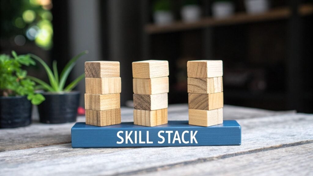 Three stacks of wooden blocks on a blue base labeled 'SKILL STACK' on a wooden table.