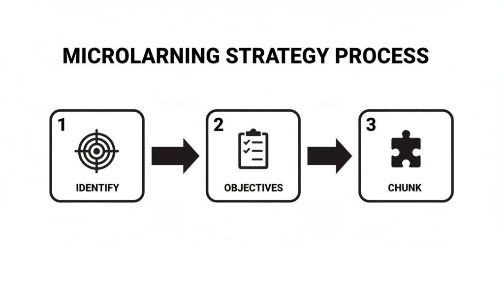 Diagram outlining the Microlearning Strategy Process with three steps: Identify, Objectives, and Chunk.