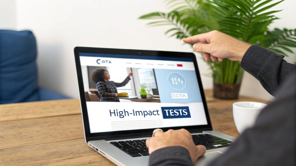 A person's hand points at a laptop screen displaying a 'High-Impact TESTS' webpage, with another hand typing.