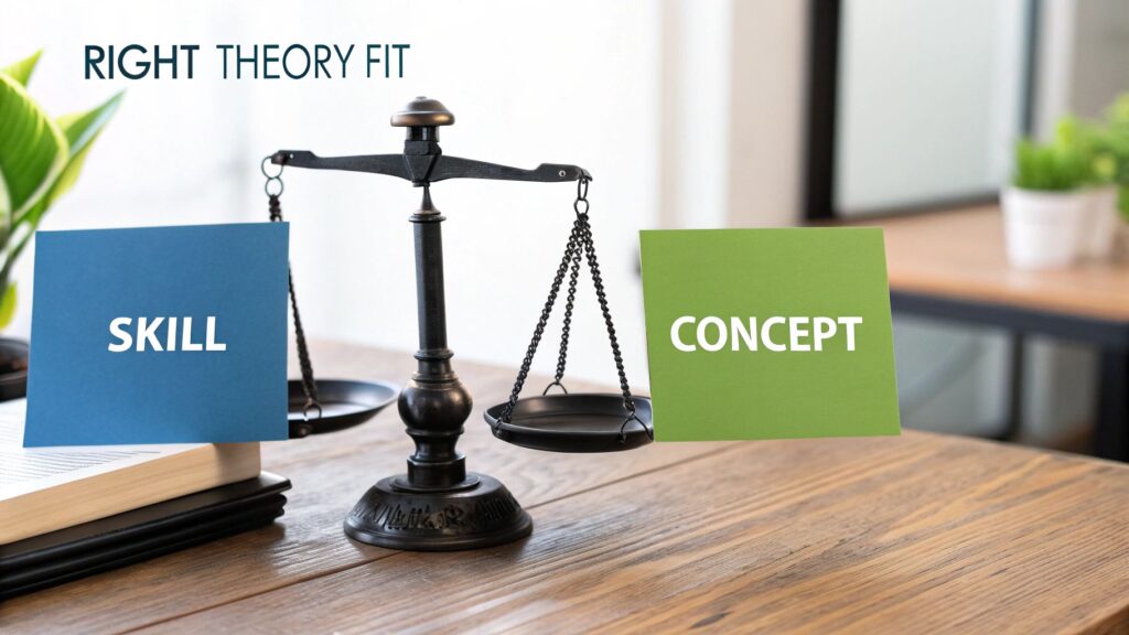 A scale balancing 'SKILL' and 'CONCEPT' cards, symbolizing the right theory fit on a wooden desk.