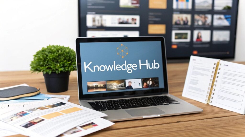 computer with "knowledge hub" written on it.