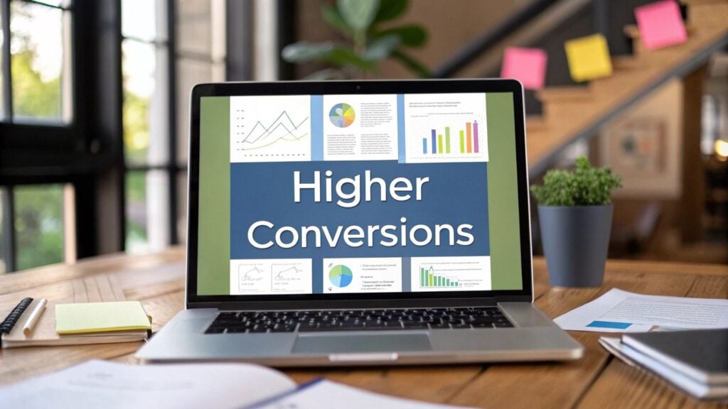 laptop with "higher conversions" written on it
