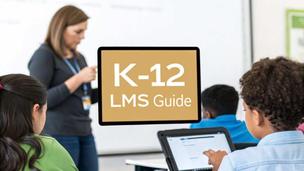 K-12 LMS Guide written on a tablet screen.