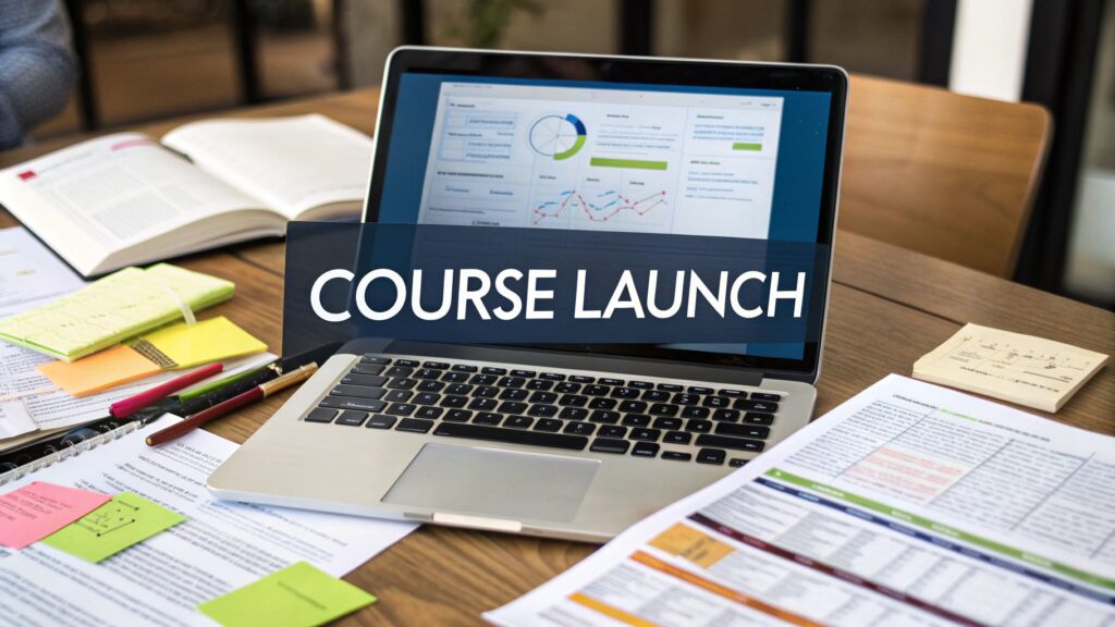Computer with the words "Course Launch" on it