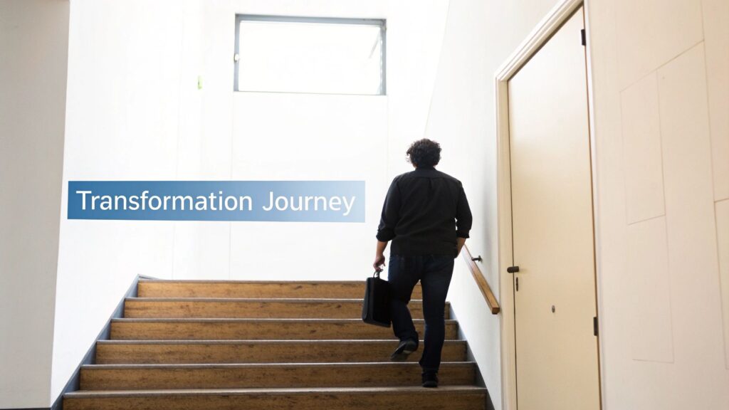 A person carrying a briefcase walks up a flight of stairs, with a "Transformation Journey" text overlay.