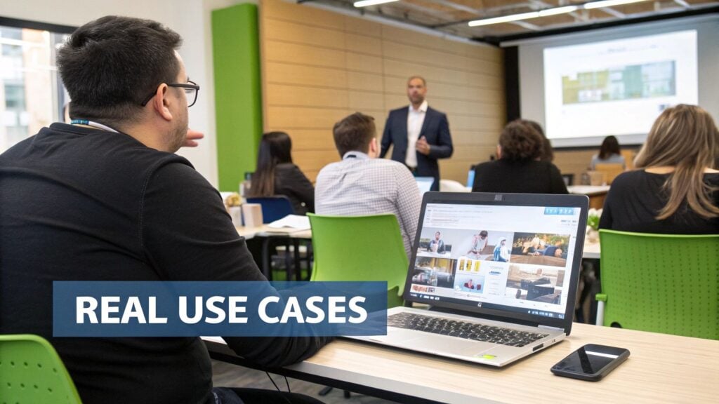 Attendees in a classroom setting, with a laptop showing images, and a presenter speaking to the group.
