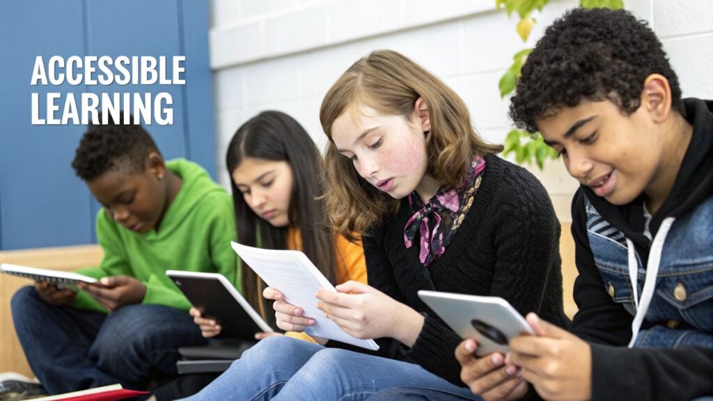 Diverse students, including boys and girls, are engaged in reading with books and tablets.