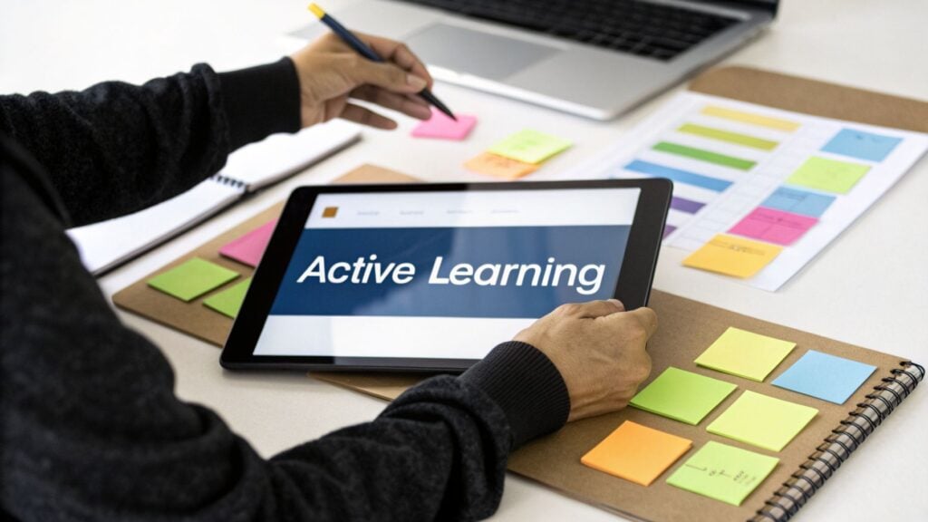 A person's hands interact with a tablet displaying 'Active Learning', surrounded by colorful sticky notes and a laptop.